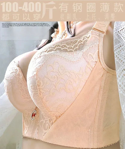 Plus Size Push Up Bra Sexy Lace Underwire - Full Coverage Lingerie for Curvy Women, Wide Side Wings & Thin Cup Support Big Bust