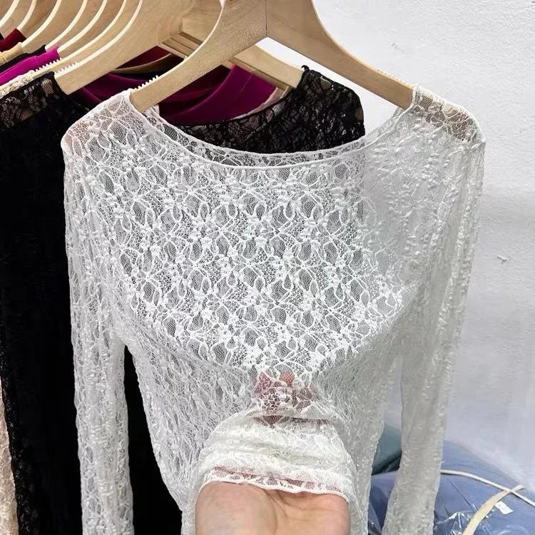 2025 Sexy and slightly transparent black lace shirt women long sleeved Spring and Autumn New slim fit inner layer with mesh