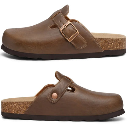 Kidmi New Men Sandals Vegan Leather Cork Insole Potato Shoes Unisex Adjustable Buckle Slip-On Clogs with Arch Support