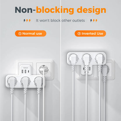 Tessan Multiple EU Standard USB Socket Wall Socket 6 in 1 Plug Socket with 3 AC Outlets with USB Charging Ports for Home Office