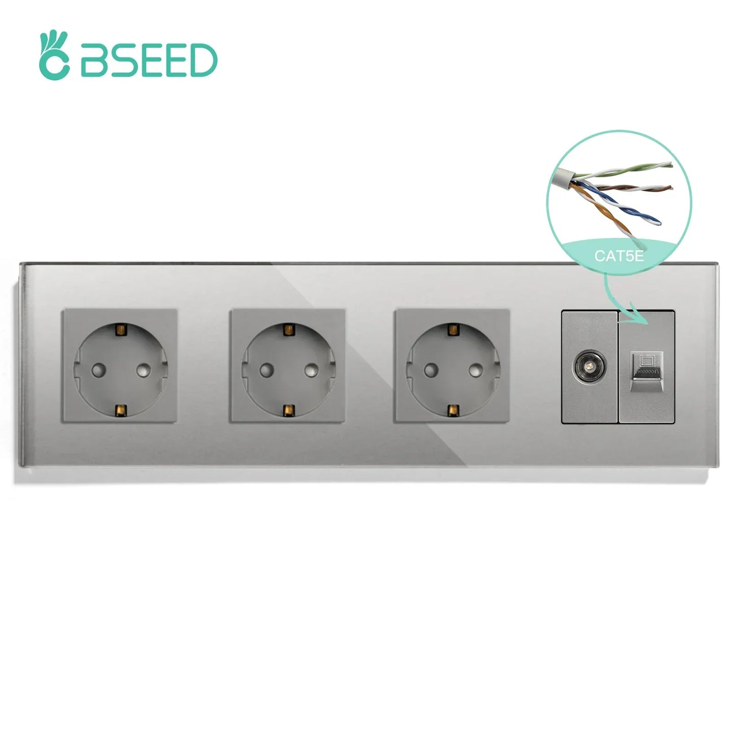 BSEED Single TV CAT5 Internet Socket Double EU Power Socket Triple Germany  With RJ45 Television Wall Sockets Glass Frame