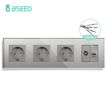 BSEED Single TV CAT5 Internet Socket Double EU Power Socket Triple Germany  With RJ45 Television Wall Sockets Glass Frame