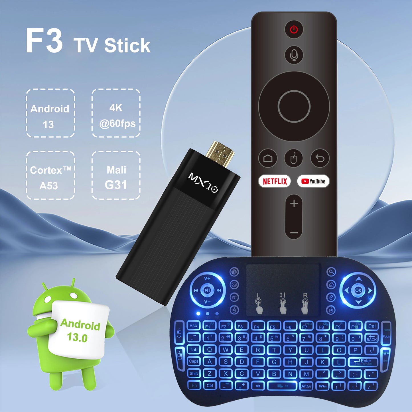 MX10-F3 Android TV Stick Ultra HD 4K H313 Quad Core 2.4G/5G Dual WiFi Portable Mini Home TVStreaming Media Player Stick for Home