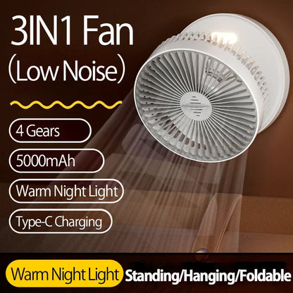 New 5000mAh Rechargeable 3IN1 Multifunctional Portable Fan Wall Mounted Fan 90° Folding Fan 4 Gears With Warm Night Light