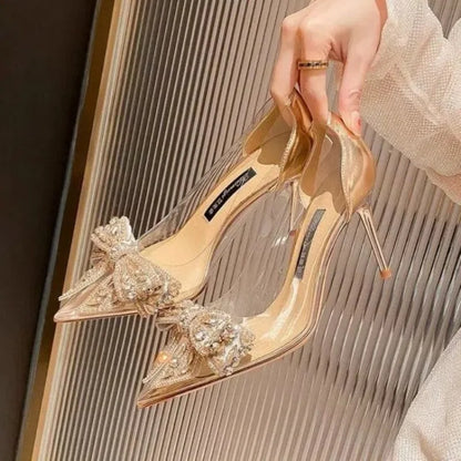 Spring Summer Fashion Rhinestone Bowknot Women Pumps Sexy Silk Pointed Toe Strange High Heels Party Prom Shoes Gold Silver