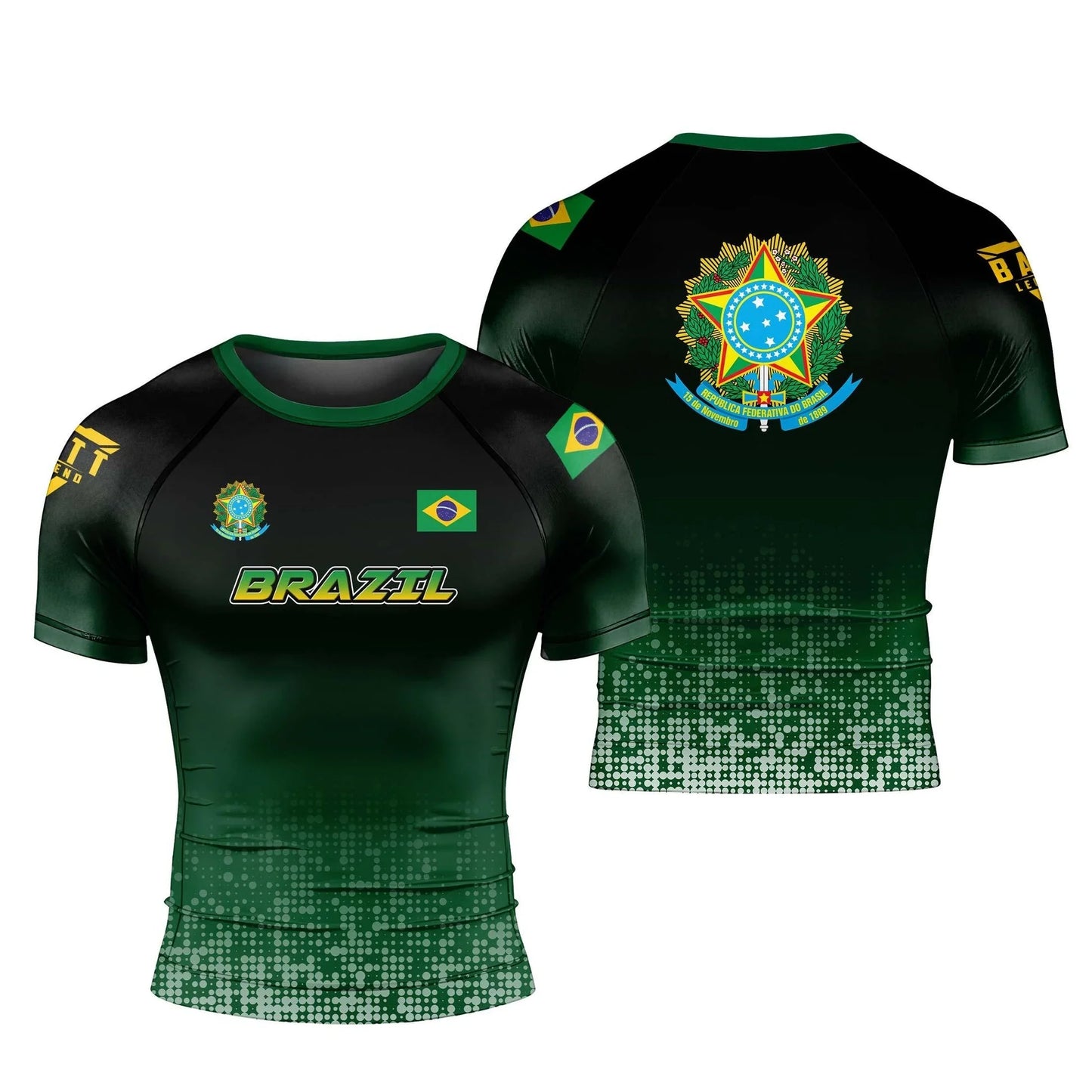 Brazil Jiu-Jitsu Rash Guard,Men Women Short Sleeve Compression Training Shirt with Brazil Flag Print Quick-Drying Sports T-shirt