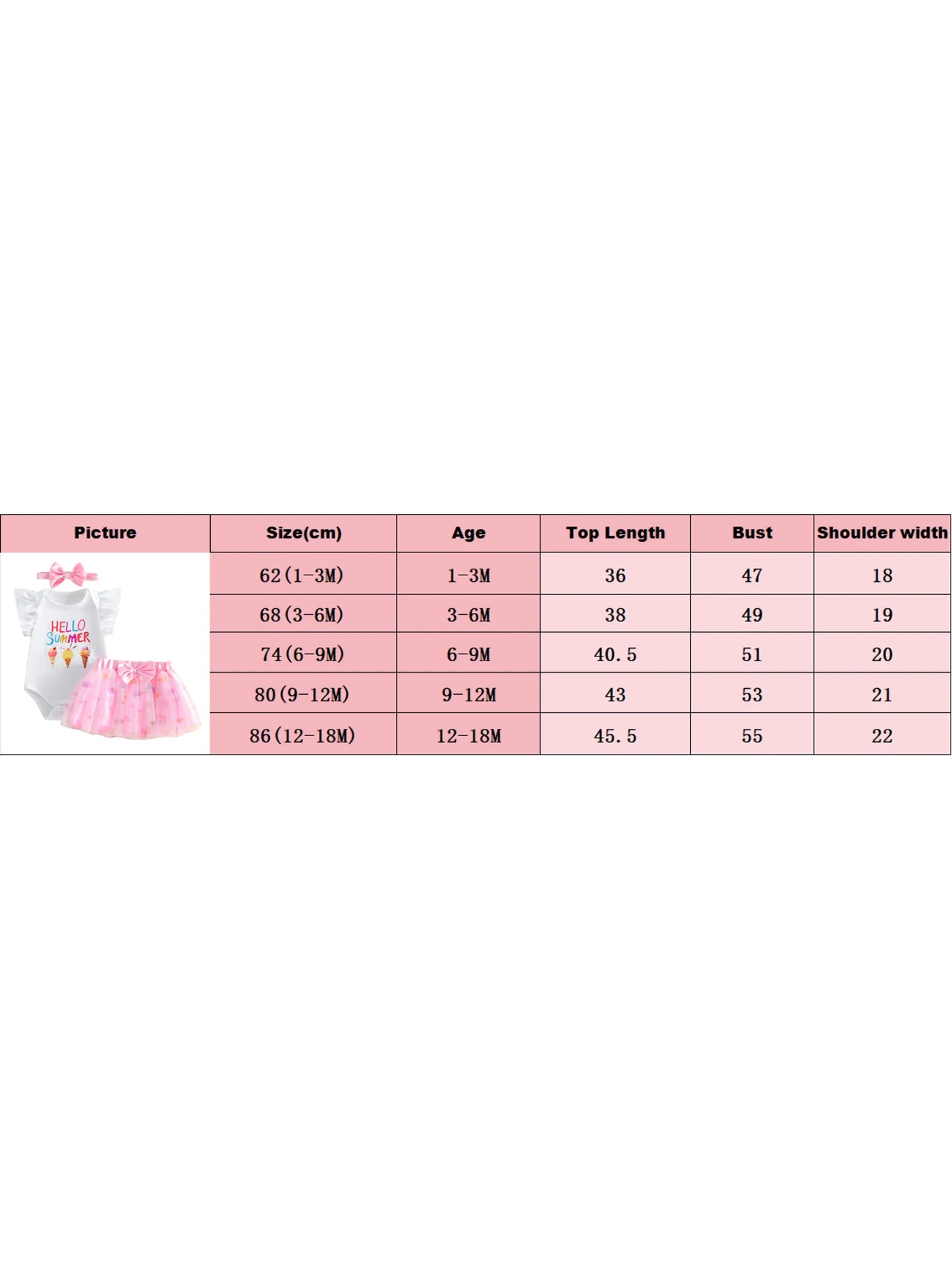 3Pcs Infant Girl Outfit Crew Neck Flying Sleeve Summer Themed Ice Cream Print Romper Tulle Skirt Headband Set