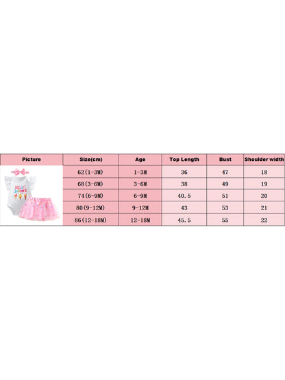 3Pcs Infant Girl Outfit Crew Neck Flying Sleeve Summer Themed Ice Cream Print Romper Tulle Skirt Headband Set