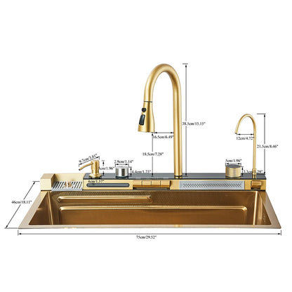 Golden Double Waterfall Sink Stainless Steel Kitchen Sink Embossed Large Single Slot Wash Basin Washing Pond For Kitchen
