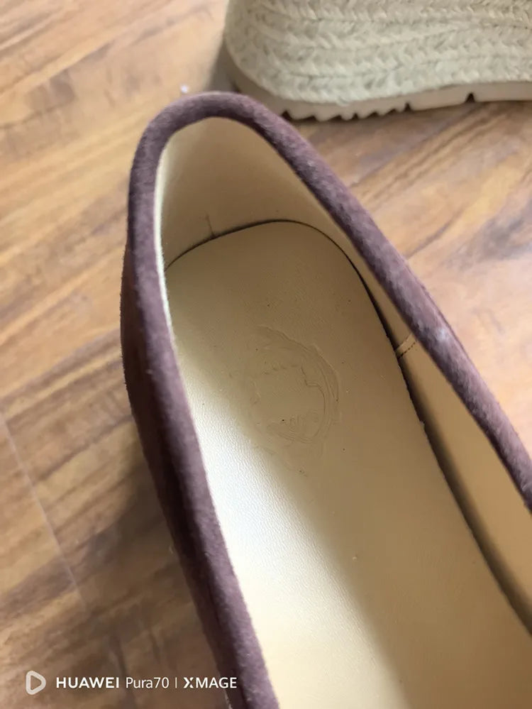MKKHOU Fashion Loafers New High Quality Real Leather Suede Vintage Straw Braid Platform Shoes Daily Casual Light Shoes Neutral