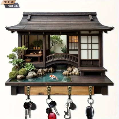 2D Retro Japanese-Style Wooden Key Hook Multi-Functional Home Key Holder for Porch Wall Decoration And Kitchen Storage