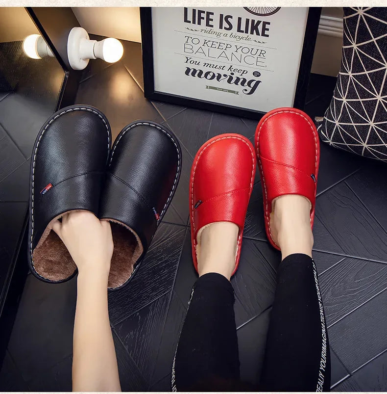 Cotton slippers for men and women at home anti slip and warm indoor Home leather cowhide slippers in winter 2023