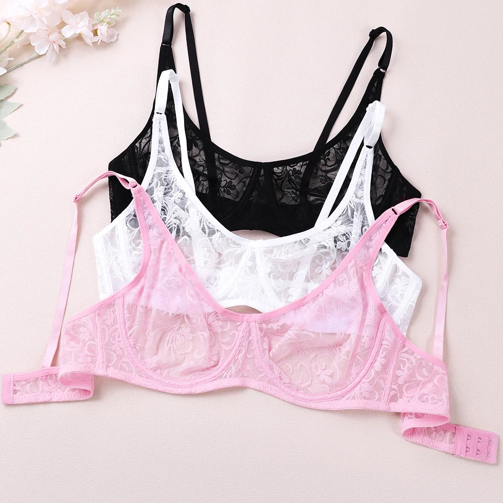 Bras For Women Plus Size Lace Mesh BH Tops Underwire Embroidery See Through Sexy Underwear Lingerie Brassiere A B C D DD Cup