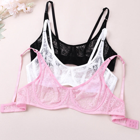 Bras For Women Plus Size Lace Mesh BH Tops Underwire Embroidery See Through Sexy Underwear Lingerie Brassiere A B C D DD Cup