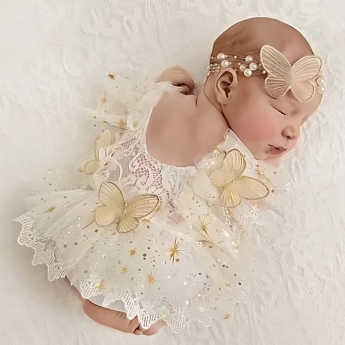 2Pcs Newborn Photography Outfit Baby Girl Butterfly Glitter Star Lace Romper With Pearl Headband Infant Photo Props