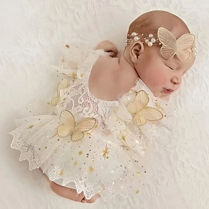 2Pcs Newborn Photography Outfit Baby Girl Butterfly Glitter Star Lace Romper With Pearl Headband Infant Photo Props