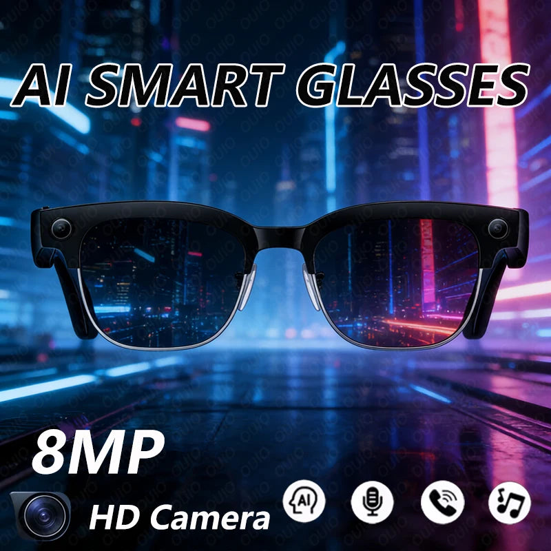 Lunettes intelligentes avec traduction IA, caméra HD 8 mégapixels, stabilisation optique de l'image, double microphone et réduction du bruit.