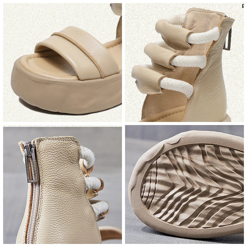 Koznoy 8cm Natural Genuine Leather Sandals Boots Flats Platform Wedge Summer Women Hollow Pumps Peep Toe Booties Mary Jane Shoes
