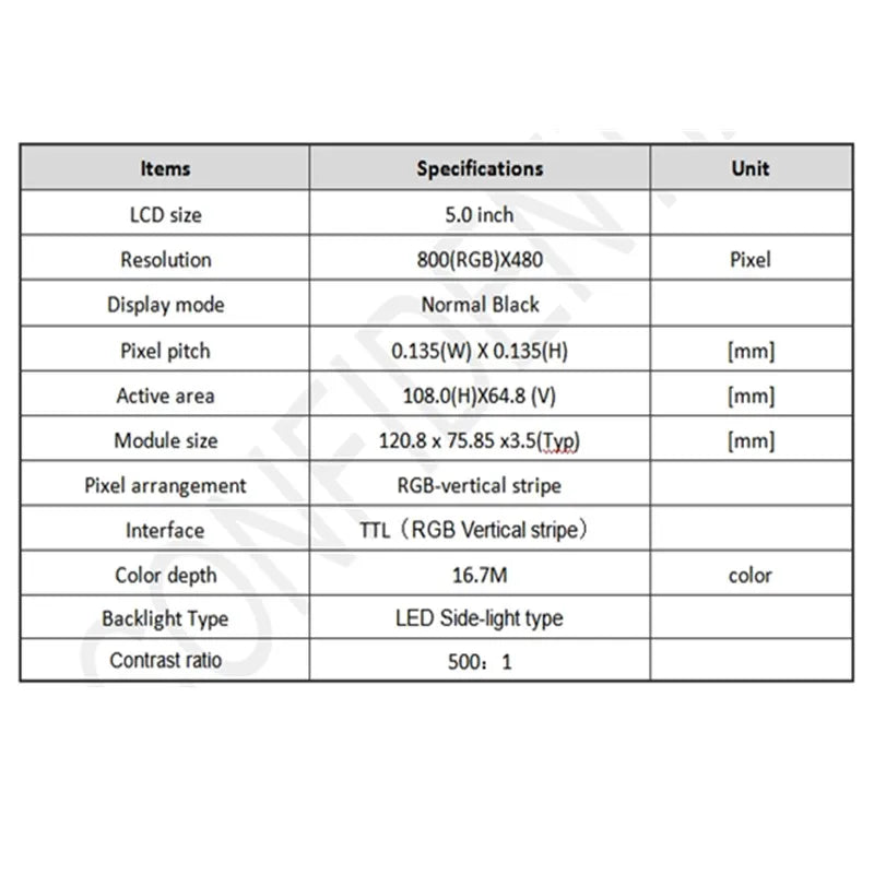 5 Inch TFT LCD Display Module 800*480 RGB IPS 40Pin High definition display with touch