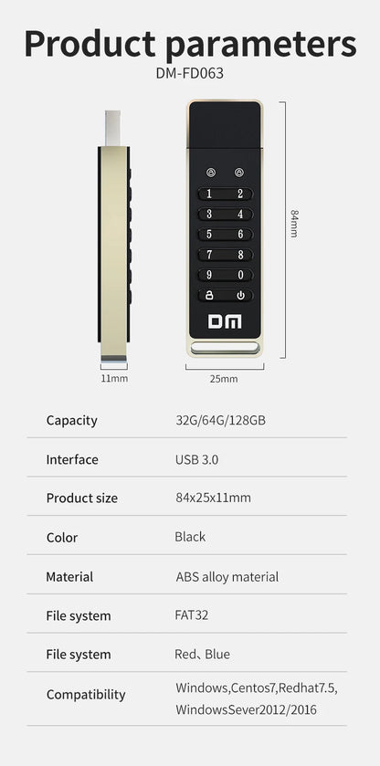 DM FD063 256-bit Encrypted USB Drive Password Secure Flash Drive USB3.0 U Disk Support Reset/Wipe/Auto Lock Function
