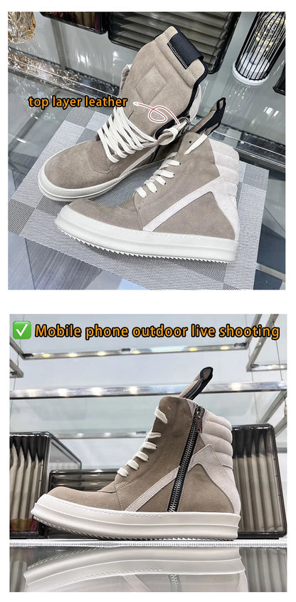 Ro Shoes Men Leather 2025 New Earthy Grey Cow Suede Lace Up Zipper Thick Sole Luxury Geo Women Street Hip-hop Casual Flat Boots