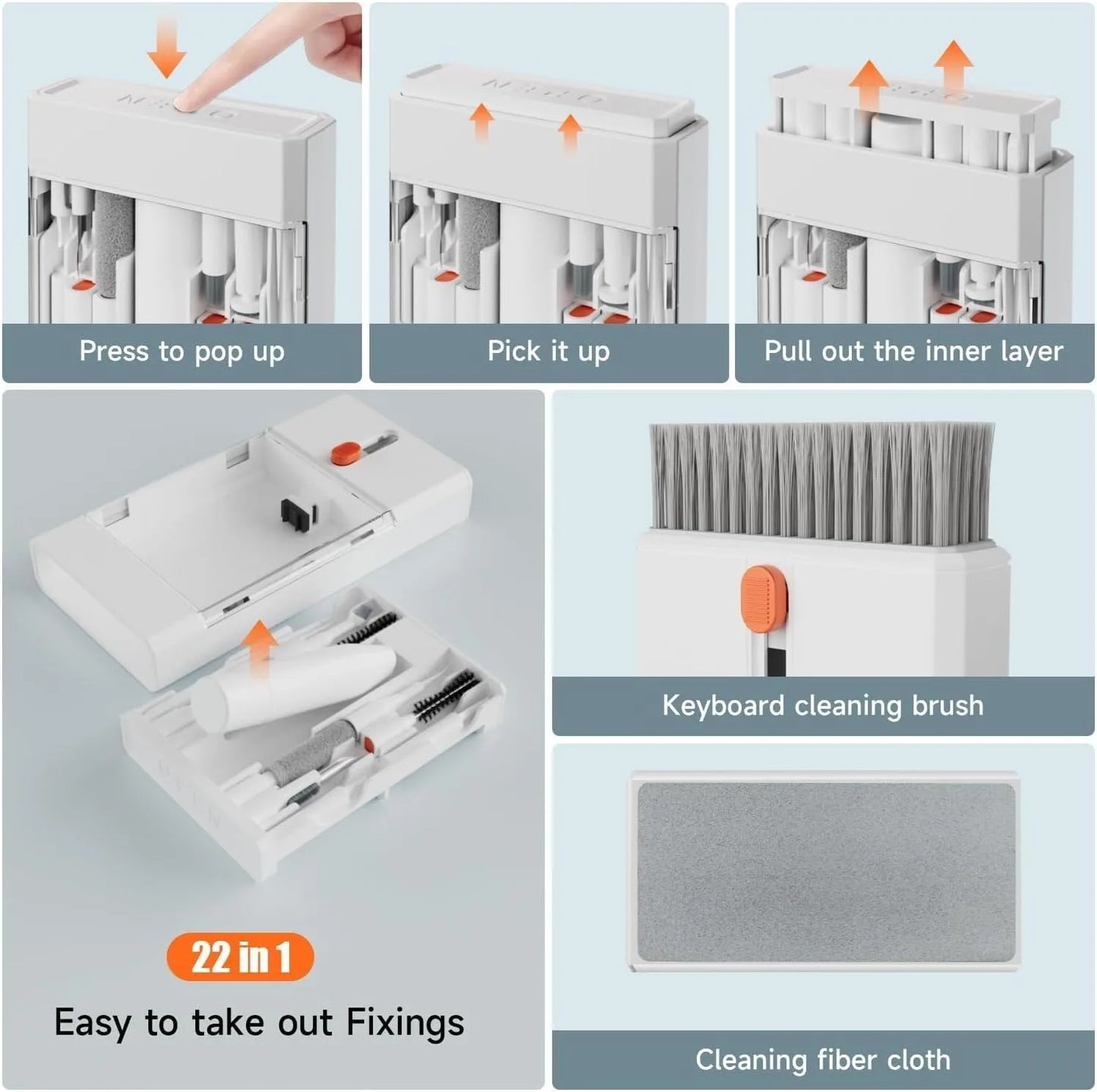 All-in-One Multi-Tool Cleaning Kit for iPhone, AirPods, Android, Earbuds, Keyboard, USB-C Port Dust Removal, with Soft Brushes,