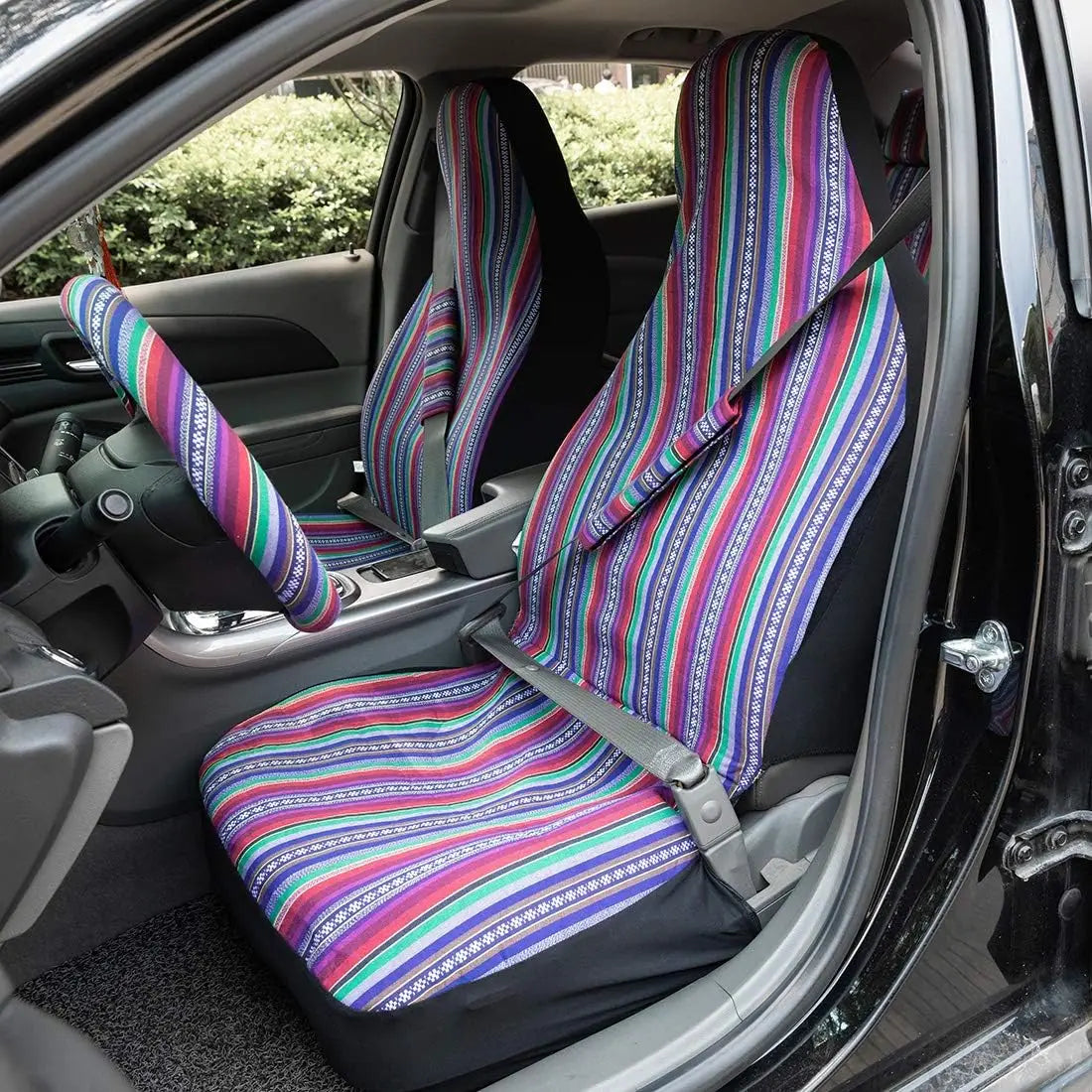 AUTO PLUS Striped Car Seat Covers Full Set with Seat Belt Pads Steering Wheel Cover Universal Washable Seat Covers for Cars by PDG ibma