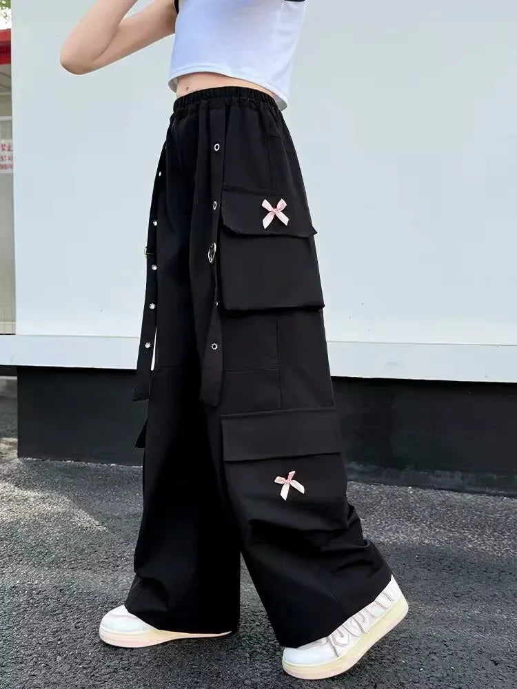 Kids Cargo Pants with Side Pocket for Tweens Girl High Fashion Hip Hop Bow Trousers Child Street  Pink Black Trackpants Hot Sell