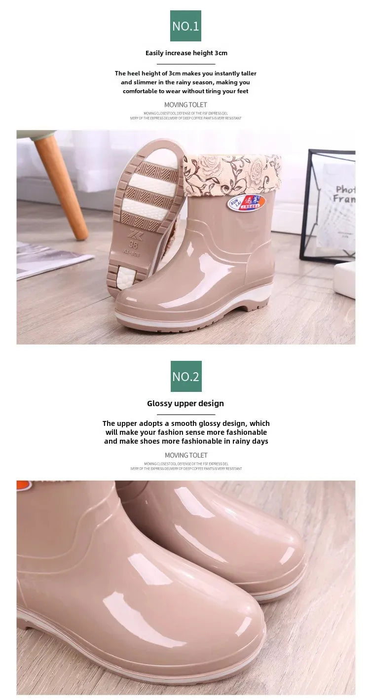 Women's Short Rain Shoes Non-slip Waterproof Rubber Boots Durable Wear-resistant Rain Boots Fleece Lined Warm Shoes Wholesale