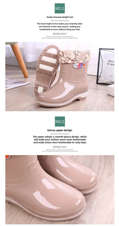 Women's Short Rain Shoes Non-slip Waterproof Rubber Boots Durable Wear-resistant Rain Boots Fleece Lined Warm Shoes Wholesale
