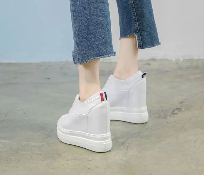 Genuine leather 10cm Increase Flat Platform Shoes Female Thick Sole Students Casual Shoes Woman  Lace Up Solid   Women Shoes