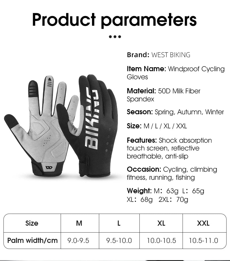 WEST BIKING Winter Warm Cycling Gloves Reflective MTB Road Bicycle Men's Windproof Thermal Anti-slip Touch Screen Sports Gloves