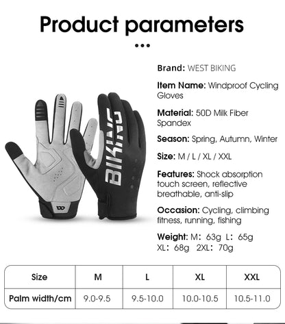 WEST BIKING Winter Warm Cycling Gloves Reflective MTB Road Bicycle Men's Windproof Thermal Anti-slip Touch Screen Sports Gloves