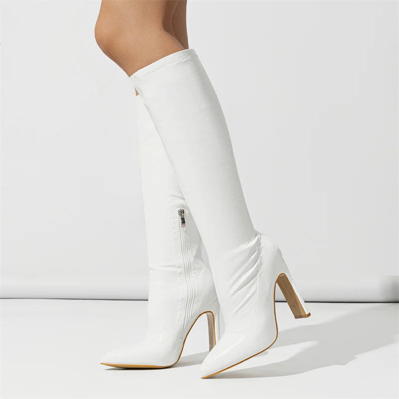 Hlieny Autumn Winter Fashion Women Knee High Motorcycle Boots Sexy Pointed Toe Square Heels Long Zipper Female Botas Shoes