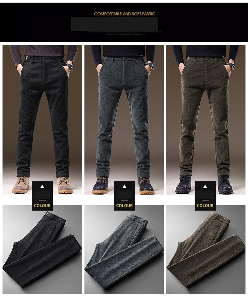 Casual Pants Men Winter New Fleece Business Elastic Waist Slim Korean Warm Thick Brushed Plush Trousers Male 28-38