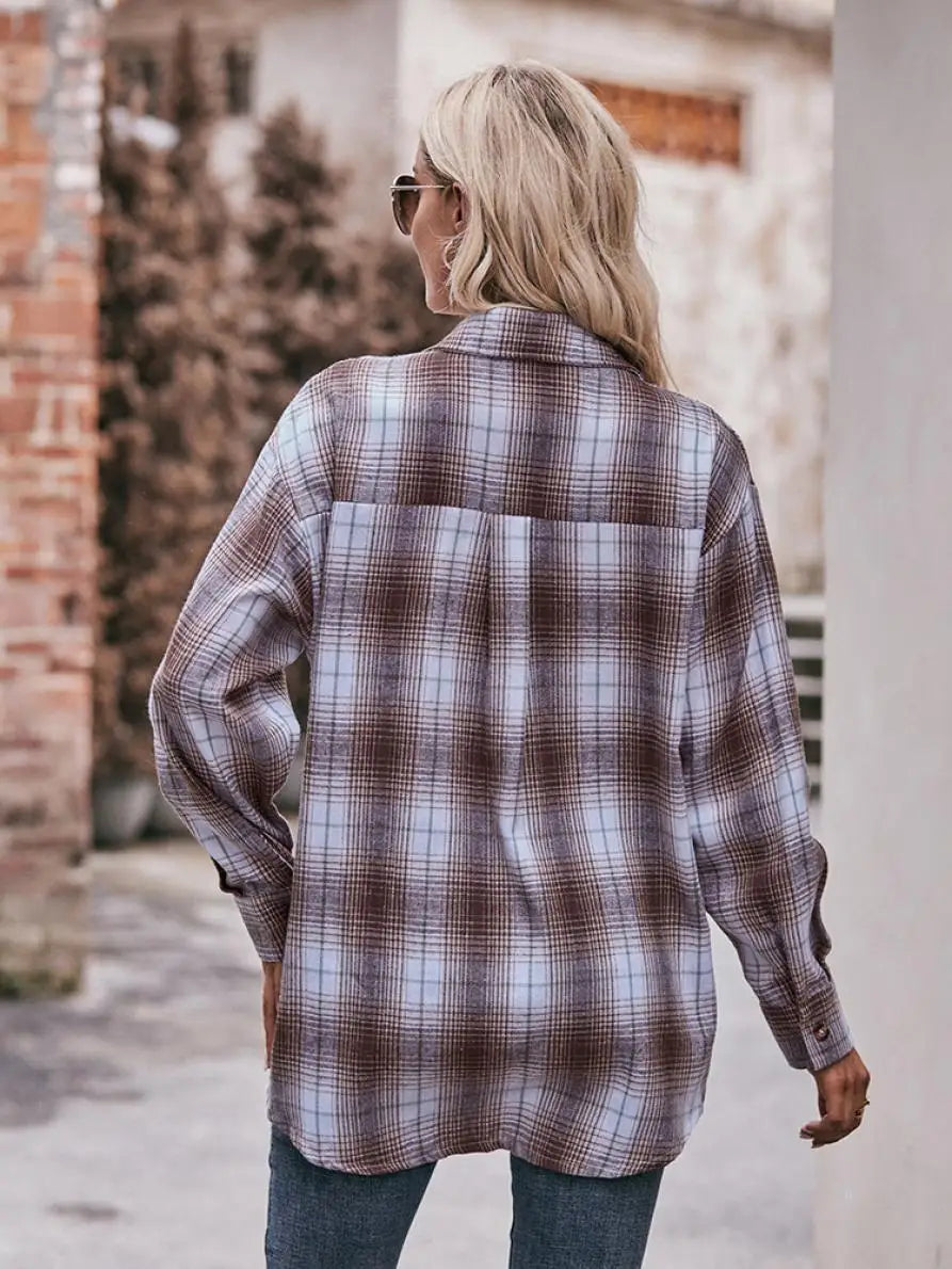 Autumn Plaid Shirt Women Long Sleeve Turn-down Collar Oversize Shirts Female Stylish Vintage Casual Blouse Ladies Chemise