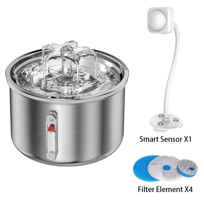 Stainless Steel Pet Water Feeder Cat Automatic Water Fountain USB Electric Mute for Cat Dog Filter Fountain Smart Drinking Bowl