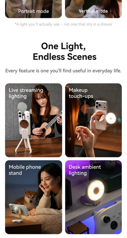 TELESIN Magnetic 360° Rotation RGB Fill Light Mini Selfie Light 3 Mode Adjustable Color Brightness for Smartphone Iphone Android