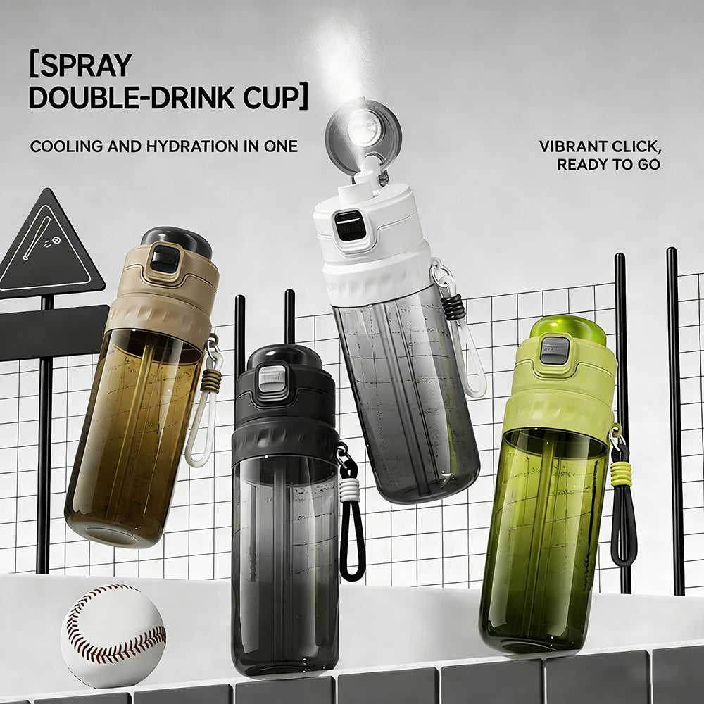 750ML Portable Mist Spray Water Bottle Double Drinking Sports Bottle Leakproof Gym Running Hiking Camping Outdoor Activity Gift