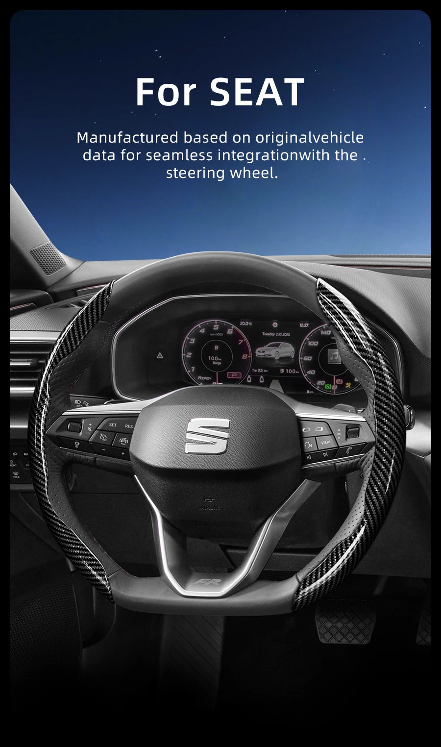 Suitable for Seat Carbon Fiber Texture Steering Wheel Cover with Segmented Quick-Release Design, Durable, for Models Such as Ibiza, Arona, Leon, Leon Sportstourer, Ateca, Etc., in Black, Blue, Red, Silver, and White by PDG ibma