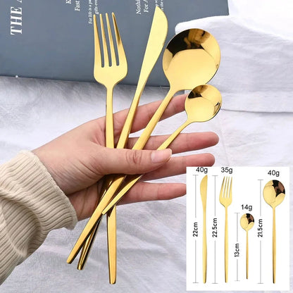 24Pcs Stainless Steel Cutlery Set Black Handle Golden Dinnerware Knife Fork Spoon Kitchen Tableware Gift Set