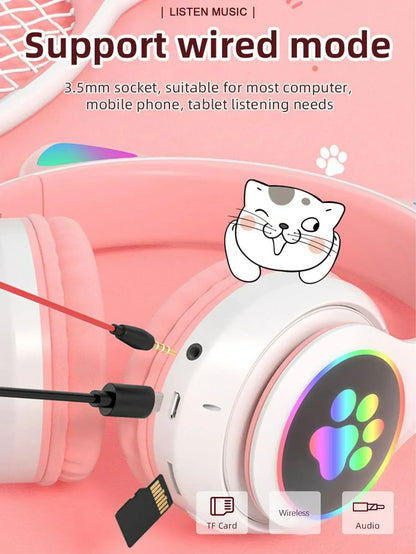 New Flash Light Cute Cat Ears Wireless Headphone with Mic Control LED Kid Girl Stereo Music Helmet Phone Bluetooth Headset Gift