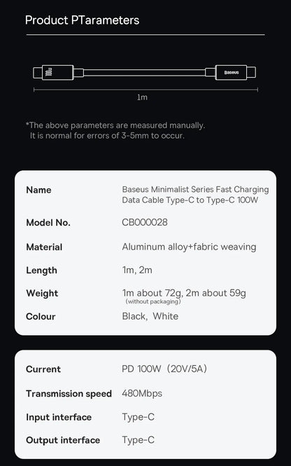 Baseus 100W USB C To Type C Cable For iPhone  16 15 Plus Pro Max PD Fast Charging Charger Cable For Macbook Xiaomi Samsung