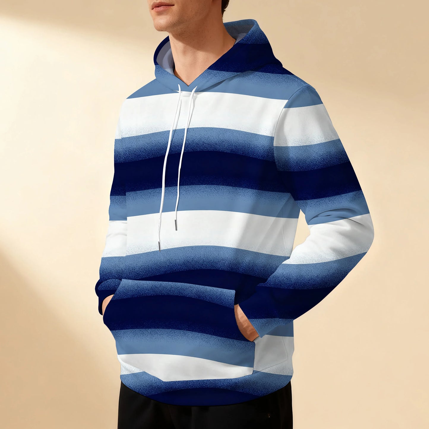 Men's striped hooded sweatshirt with drawstring, sporty, casual, stylish, versatile, and comfortable, perfect for commuting.