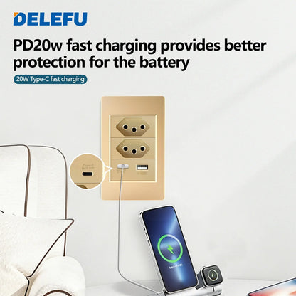 DELEFU Brazil Standard 10A 20A Gold Fireproof PC Panel Dual USB Type C Home Wall Light Switch Safe Power Socket