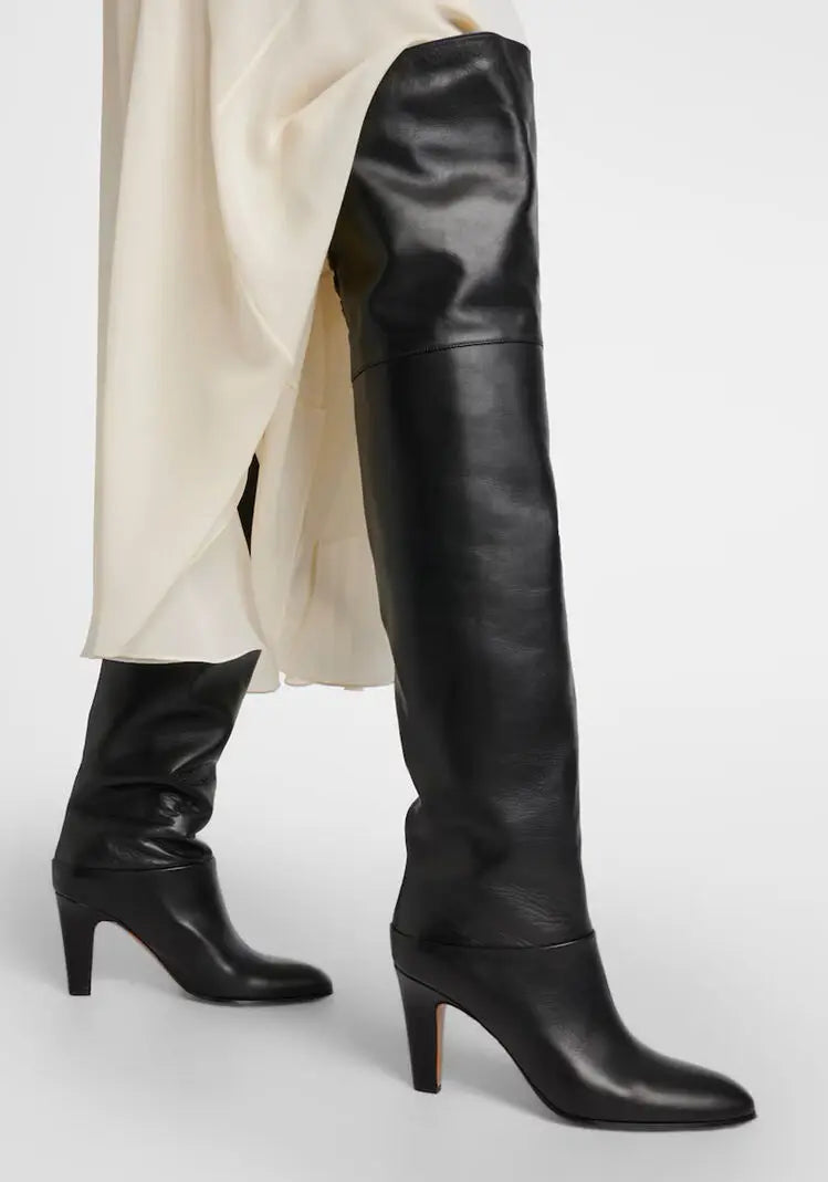 Autumn and Winter Women's Thick High-heeled Knee High Boots, Round Headed Cowhide Suede Fashionable Women's Plus Size Boots