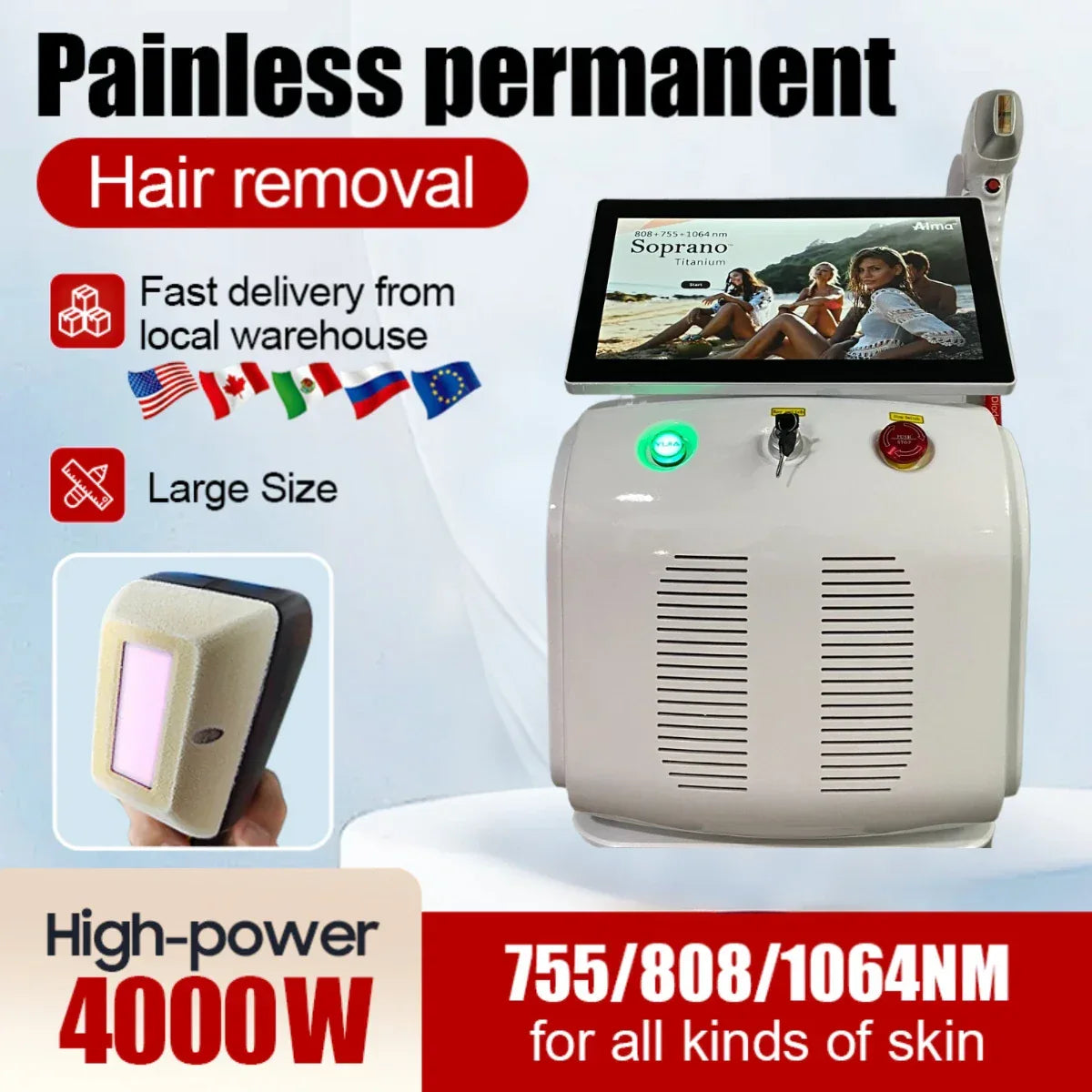 4000w High Power Diode Laser Hair Removal Cold Permanent Epilator Hair Removal Device Diode Laser Remove Hair Machine