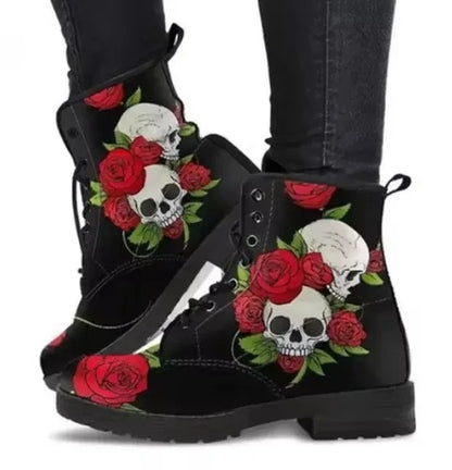 2022 Skull Flower Print High-Top Sneakers Women Boot Autumn Winter Fashion Woman Ankle Boots Adult Botas Mujer Plus Size 43