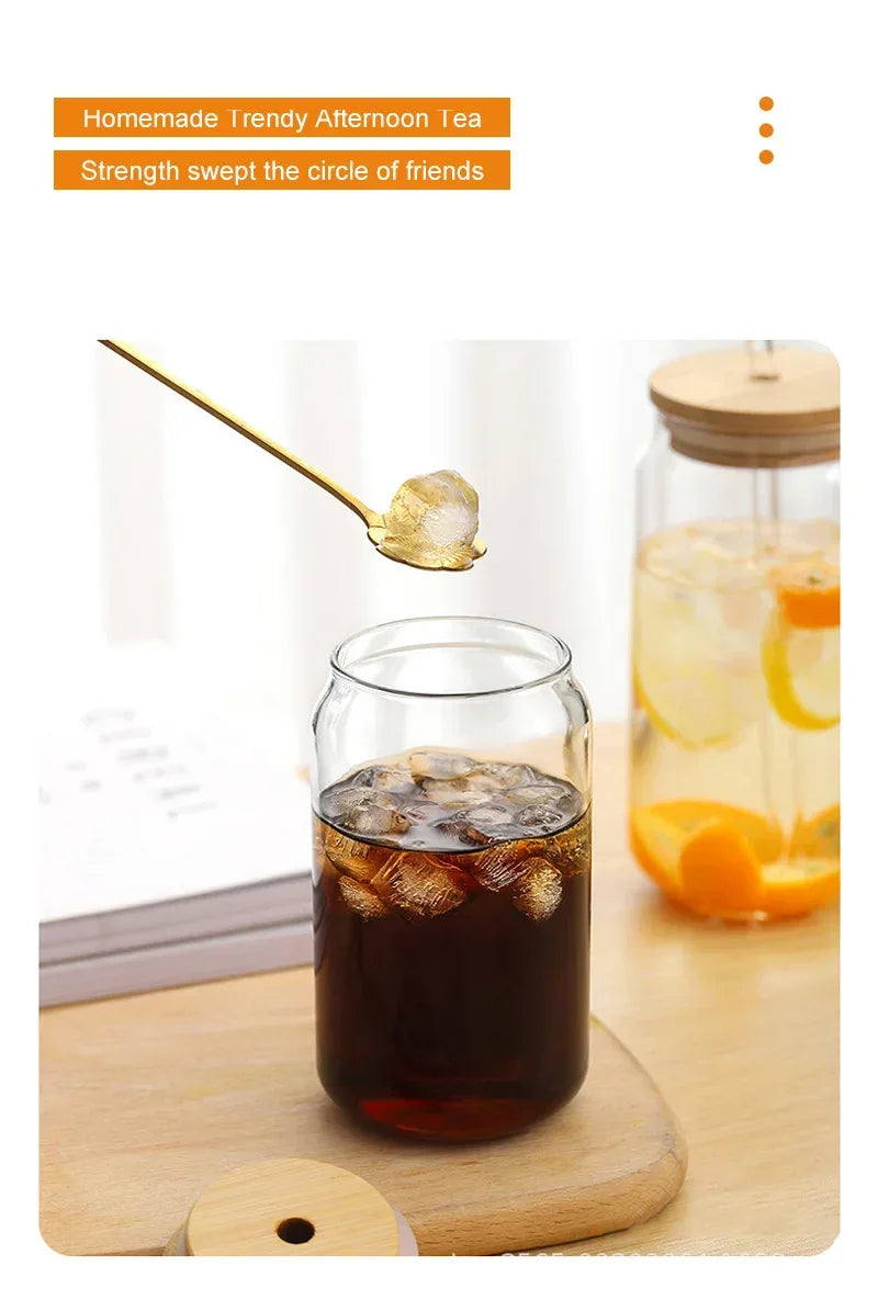 Glass Cup With Straw and Bamboo Lid Transparent Bubble Tea Cup Cold Drinking Glasses Iced Coffee Mug Beer Can Juice Milk Cup