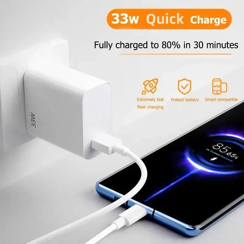 33W USB Fast Charging Charger with 6A Type C Cable Mobile Phone Adapter For iPhone 15 Xiaomi 14 Redmi 13 12 Samsung Wall Adapter
